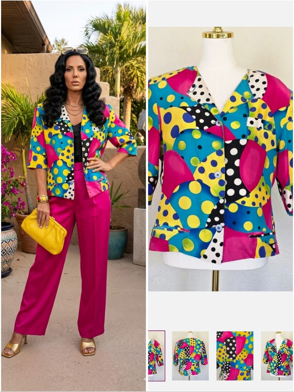 VTG Pat Argenti 100% Silk Pop Art Blazer - Geometric Polka Dot Maximalist M